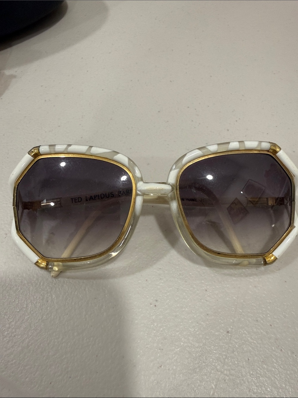 Ted Lapidus White & Gold Oversized Geometric Sunglasses